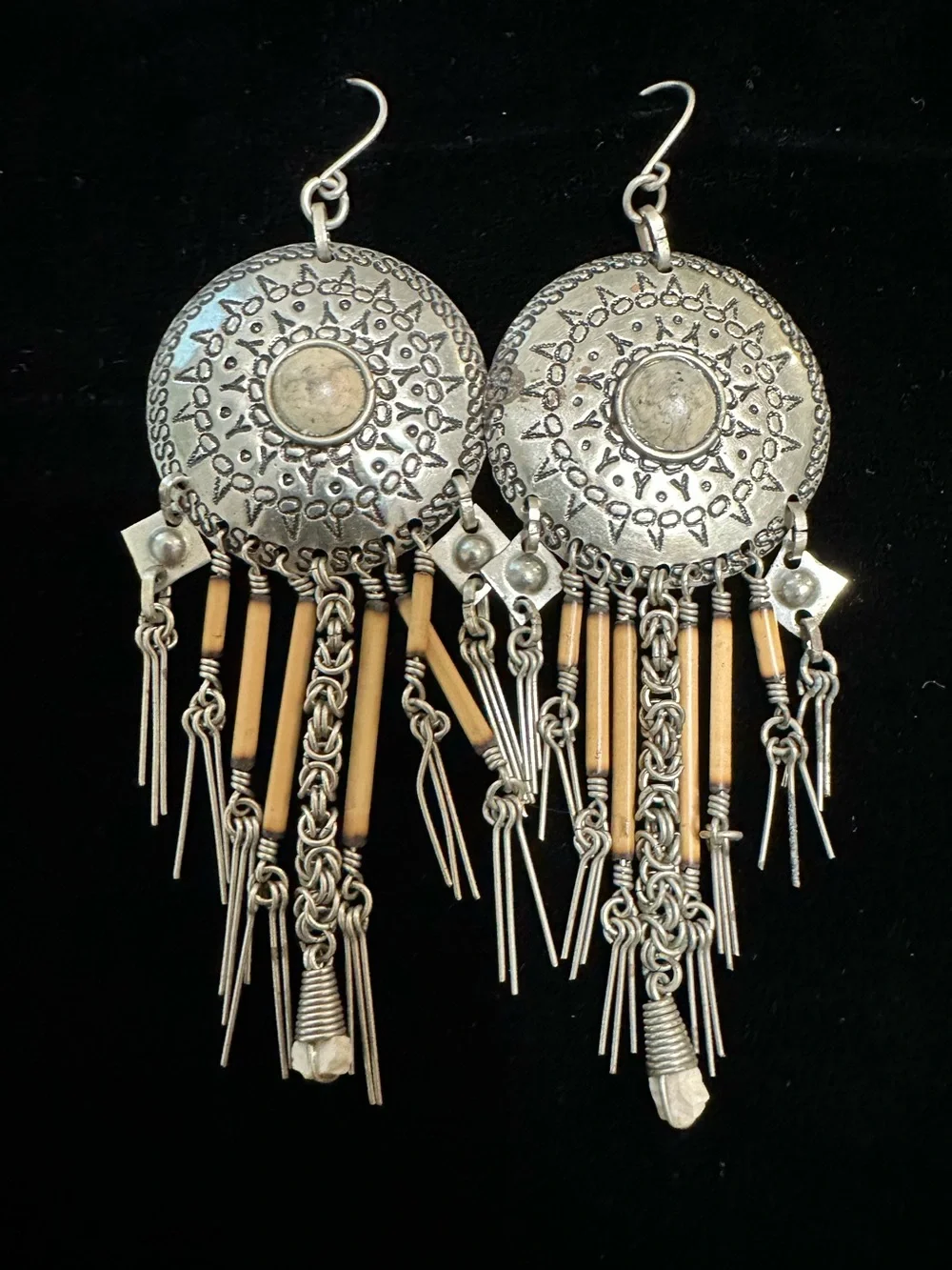 Vintage Bohemian Silver-Tone Fringe Concho Earrings with Tan Accents Tribal - Picture 2 of 5